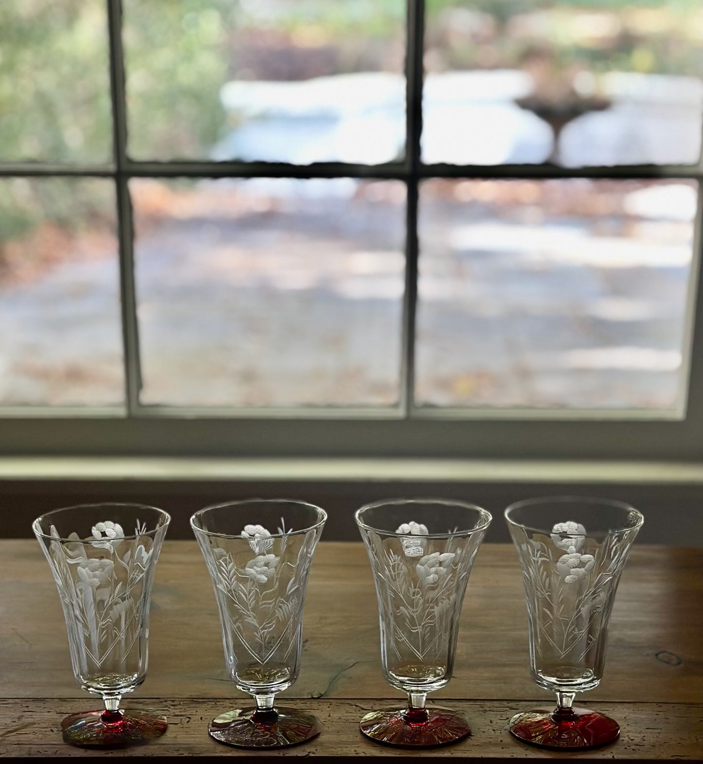 Ruby Footed Etched Water Goblets (Set of 4)