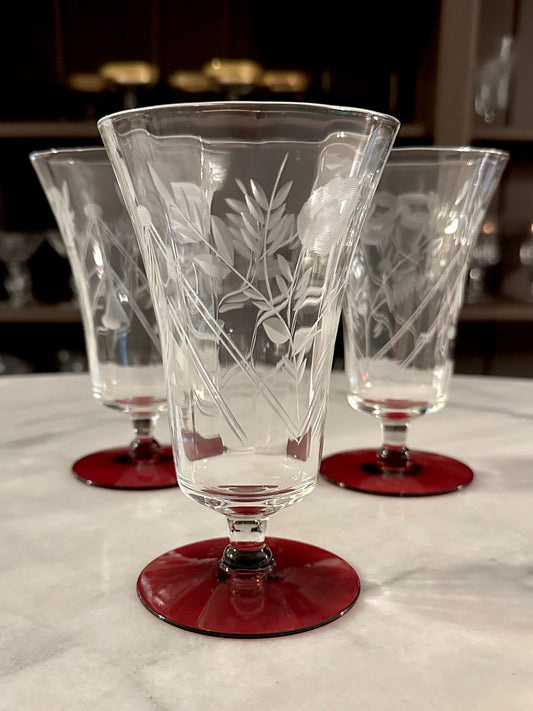 Ruby Footed Etched Water Goblets (Set of 4)