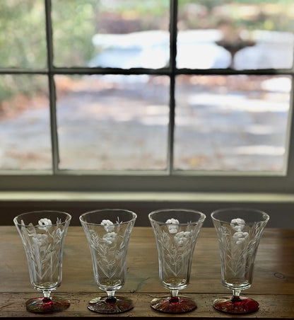 Ruby Footed Etched Water Goblets (Set of 4)